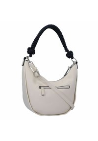 Borsa hobo beige in pelle, con manico nero annodato, minuteria in argento e una tasca con zip frontale per riporre gli oggetti.