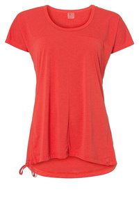 Camiseta de manga corta color coral en tejido ligero, con cuello redondeado, bolsillo en el pecho y dobladillo ajustable con cordón.