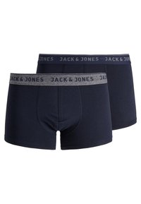 Dunkelblaue Baumwoll-Boxershorts mit grauem elastischem Bund, der das Logo 'JACK & JONES' trägt. Glatte Textur und körpernahe Passform. Set mit zwei Paar.