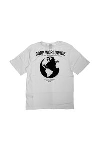 White cotton t-shirt featuring a black graphic of the Earth and text "GORP WORLDWIDE" on the back, with a crew neckline and short sleeves.
