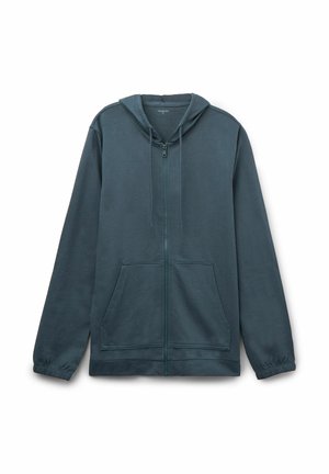 Blauwgroene rits hoodie met frontzakken, trekkoordkap en elastische manchetten, plat gelegd op een witte achtergrond.
