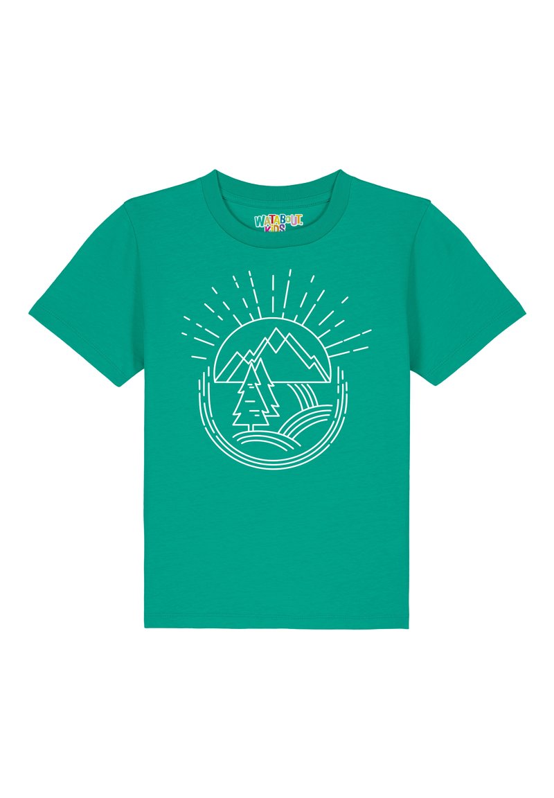 Teal katoenen T-shirt met een wit grafisch ontwerp van bergen, een boom en golvende lijnen binnen een cirkelvormig kader. Korte mouwen.