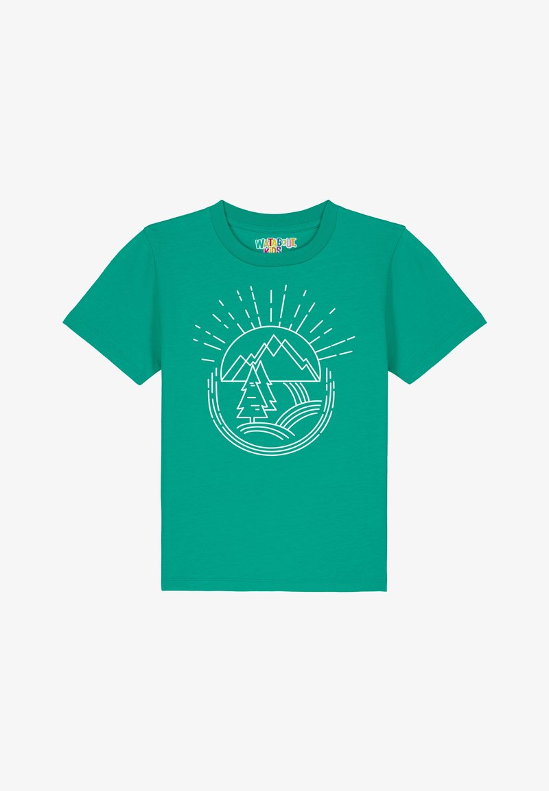 Teal katoenen T-shirt met een wit grafisch ontwerp van bergen, een boom en golvende lijnen binnen een cirkelvormig kader. Korte mouwen.