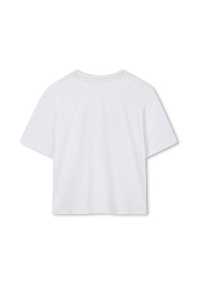 Witte T-shirt met korte mouwen en een ronde halslijn, met een gladde textuur en zonder zichtbare patronen of accenten. Alleen een achteraanzicht.
