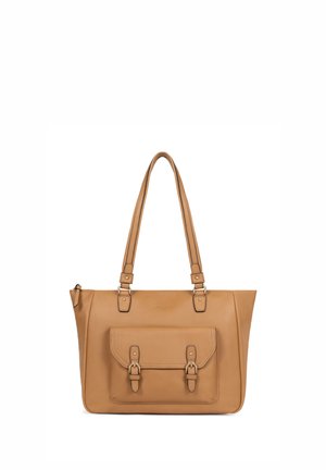 Sac cabas en cuir fauve avec double poignée et une poche avant sécurisée par deux sangles à boucles.