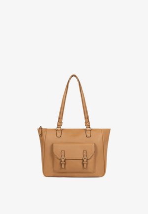 Borsa tote in pelle color cuoio con doppi manici e tasca frontale assicurata da due cinturini con fibbia.