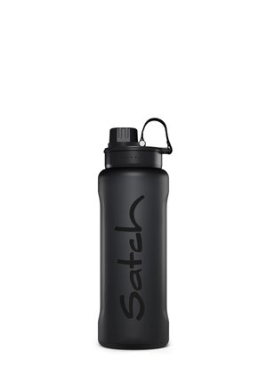 Matte black reusable water bottle with screw cap and carrying loop, featuring "Satch" logo vertically on the front.