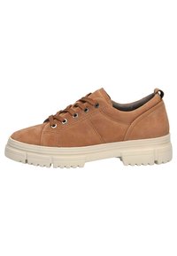 Beżowe zamszowe sneakersy z okrągłym noskiem, wyściełanym kołnierzem i beżową gumową podeszwą. Posiada brązowe sznurowadła i metalowe oczka zapewniające pewne dopasowanie.