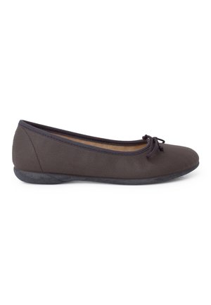 Dark brown ballet flats made of soft material, featuring a rounded toe, a decorative bow at the front, and a low, flexible rubber sole.