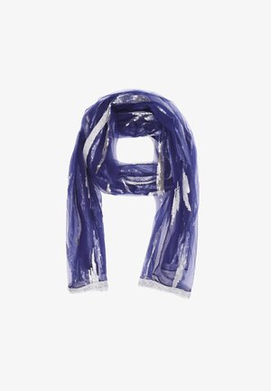 Sciarpa trasparente viola con strisce di paillettes argentate e un bordo metallico lungo i bordi. Tessuto leggero e texturizzato con un design fluido.