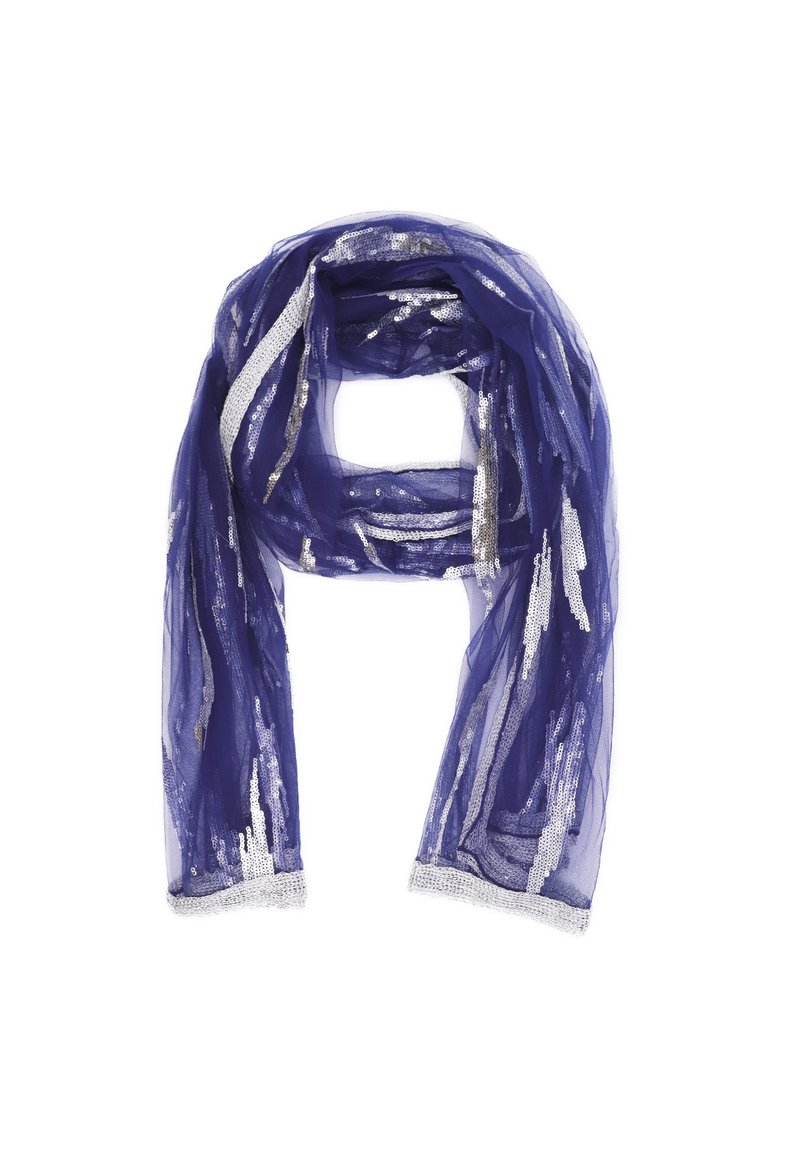 Sciarpa trasparente viola con strisce di paillettes argentate e un bordo metallico lungo i bordi. Tessuto leggero e texturizzato con un design fluido.