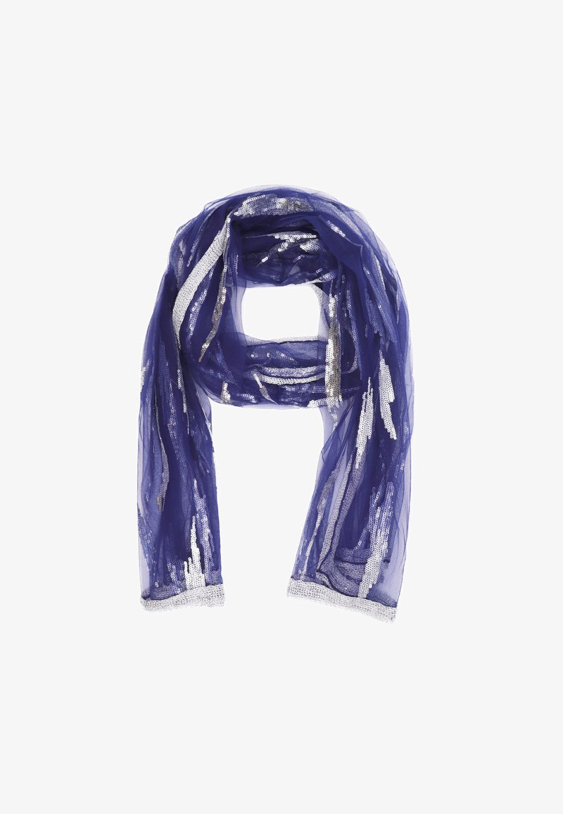Sciarpa trasparente viola con strisce di paillettes argentate e un bordo metallico lungo i bordi. Tessuto leggero e texturizzato con un design fluido.