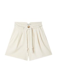 Pantalones cortos de color beige claro con cintura ajustable, cierre de botón de madera y pliegues; fabricados con una tela de algodón texturizada.