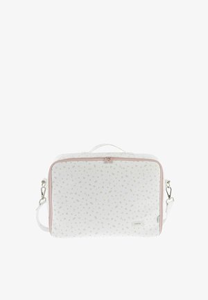 Bolso blanco con estampado floral y acentos en rosa, cierre de cremallera y correa desmontable. Presenta un asa y una superficie suave y texturizada.