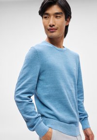 Ανοιχτό μπλε πλεκτό πουλόβερ με στρογγυλή λαιμόκοψη, ριμπ μανίκια και στρίφωμα. Η υφή φαίνεται απαλή με μια διακριτική σχεδίαση σε όλη την επιφάνεια.