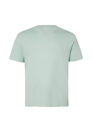 Hellgrünes T-Shirt mit kurzen Ärmeln und V-Ausschnitt, aus einfachem, glattem Stoff ohne sichtbare Logos oder Muster, auf weißem Hintergrund dargestellt.