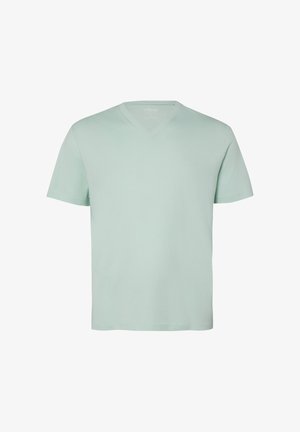 Lichtgroen T-shirt met korte mouwen en V-hals, gemaakt van eenvoudig, glad stof zonder zichtbare logo's of patronen, weergegeven op een witte achtergrond.