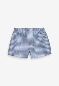 Ternet bomuldsboxershorts i blå og hvid, med elastisk linning, knaplukning og blød tekstur, designet til komfort og pasform.