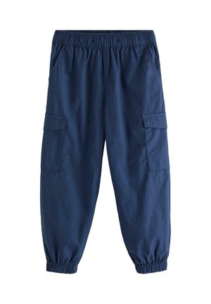 Pantaloni cargo blu navy con vita e polsini elastici, dotati di tasche laterali con patta e tasche frontali inclinate.