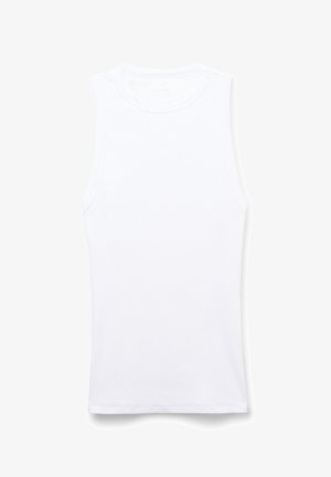 Top bianco senza maniche realizzato in tessuto a costine. Presenta un colletto rotondo e cuciture piatte. Design semplice, senza motivi o decorazioni.
