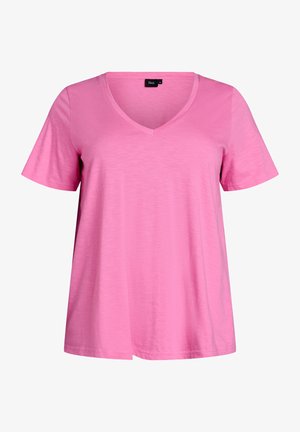 Zizzi, SHORT-SLEEVED BASIC T-SHIRT WITH V-NECK - T-Shirt basic - pink