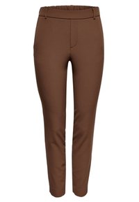 Bruna elastiska midjebyxor med en slät yta, smal passform och en enda framficka för funktionalitet.