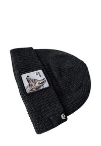 Berretto lavorato a maglia nero con risvolto. Presenta una toppa quadrata con un'illustrazione di una volpe argentata e la scritta "SILVER FOX". Materiale durevole.