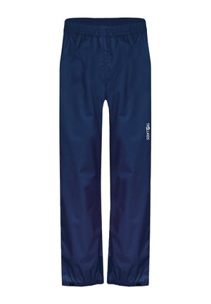 Navy blue waterproof kids' pants with elastic waistband and adjustable ankle cuffs, featuring white "TROLLKIDS" logo on the right leg.