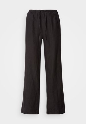 Black, loose-fitting pants with an elastic waistband and drawstring. Made of a lightweight fabric with a smooth texture and straight legs.