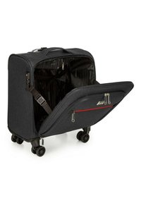 Valise en tissu noir avec roues doubles, compartiments zippés, une fermeture éclair rouge et un intérieur spacieux avec un doublage rayé.