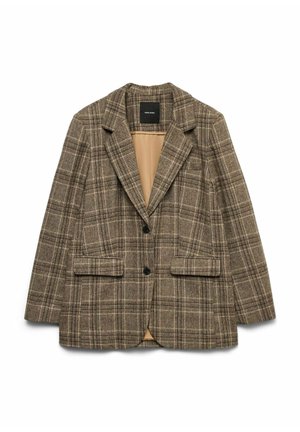 Blazer a quadri marrone con colletto a revers, chiusura con un solo bottone e due tasche frontali; presenta una fodera color cammello e tessuto strutturato.