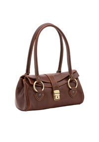 Borsa a mano in pelle marrone con due manici, hardware dorato, chiusura a lucchetto e cuciture decorative. Forma arrotondata con parte superiore a ribalta e anelli decorativi.