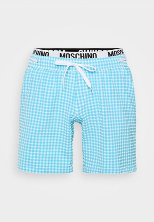 Calções de banho xadrez azul claro feitos de material de secagem rápida. Apresentam um cordão branco ajustável e uma cinta preta da Moschino.