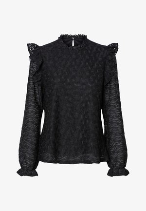 Crna bluzica s teksturom, dugih rukava, naboranim detaljima na ramenima i manžetama, visokim okovratnikom i kružnim uzorkom kroz cijelu bluzu.