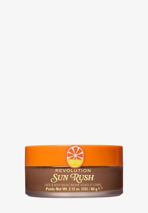 Revolution Sun Rush ansigts- og kropsbalsam i karamel bronze, brun beholder med orange låg, 2,12 oz (60 g) størrelse.