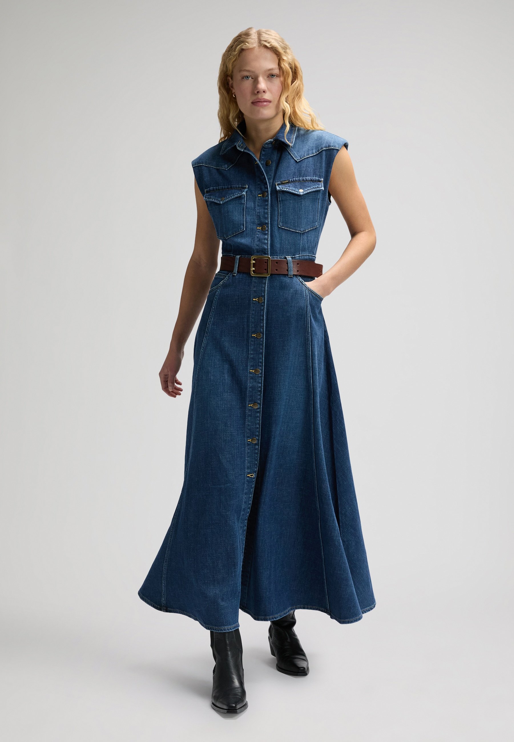 sachin and babi light blue dress Elainilye Fashion Women's Denim Dress Turndown Collar Loose And Comfortable  Long Sleeve Dress Button Maxi Dress,Blue main image 0