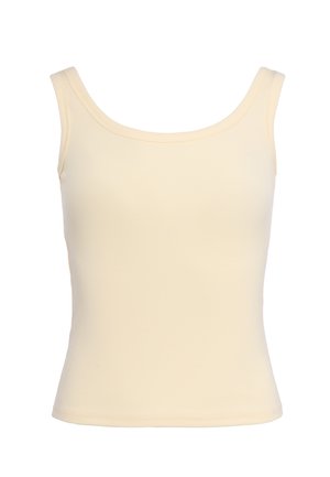 Cream-colored sleeveless ribbed tank top with a wide scoop neckline and fitted waist.