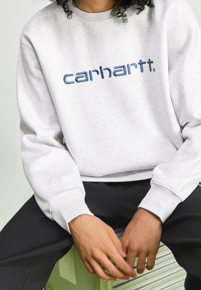 Felpa grigia con logo "carhartt" ricamato in blu, colletto rotondo e polsini a costine. Abbinata a pantaloni neri texturizzati.