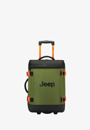 Groene en zwarte rolrugzak met oranje accenten, voorzien van een bovenhandgreep, uitschuifbare handgreep en Jeep-logo. Duurzaam materiaal, robuust ontwerp.