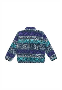 Veste en polaire présentant un motif géométrique coloré dans des tons de bleu, violet et gris, avec un col et des manches longues. Poignets noirs aux poignets.