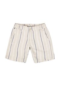 Pantalones cortos de lino en beige claro con rayas verticales en azul oscuro, que cuentan con un cierre de botón, una cinturilla elástica y bolsillos laterales.