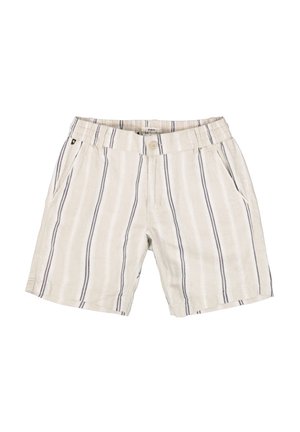 Shorts in lino beige chiaro con strisce verticali blu scuro, dotati di chiusura a bottone, vita elastica e tasche laterali.