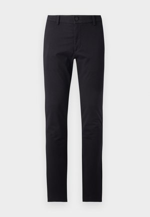 Pantaloni negri dintr-un material neted, cu un design slim fit, închidere cu nasture și buzunare standard fără modele sau accente vizibile.