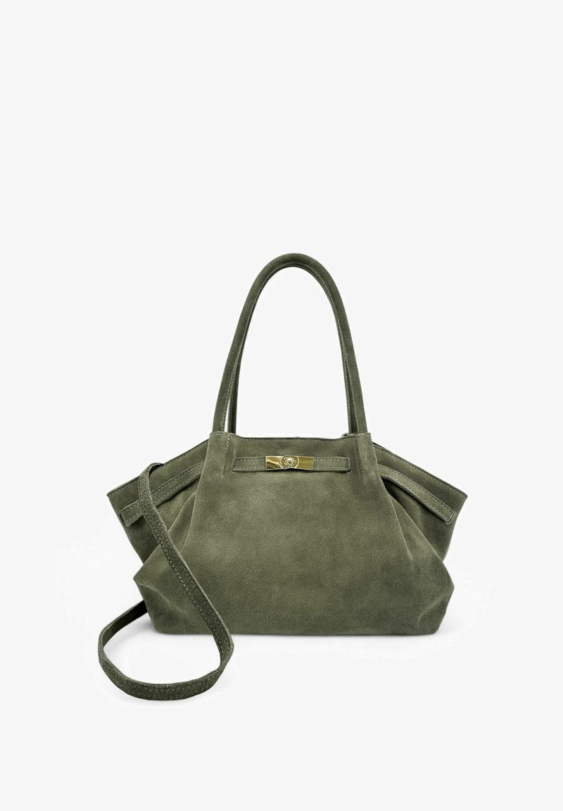 Sac à main en daim vert avec un design structuré, poignées doubles, bandoulière ajustable, et un accent en métal doré à l'avant.
