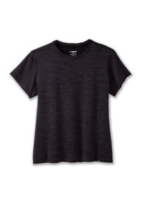 Camiseta negra de manga corta con escote redondo, tela texturizada y un sutil patrón jaspeado. Incluye un pequeño detalle de logo en el dobladillo.