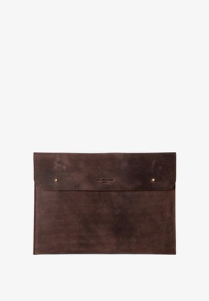 Brown leather envelope-style document holder with a smooth texture, featuring a gold button accent and embossed logo on the front.