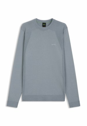 Hellblauer Langarm-Pullover mit Rundhalsausschnitt, strukturierten Schulterpaneelen und "BOSS" Logo auf der Brust und am Kragenetikett.