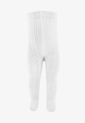 Witte gebreide maillot met gestructureerde patronen, een geribde tailleband en gesloten tenen. Het ontwerp bevat ruit- en kabelbreipatronen.