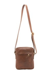 Borsa a tracolla in pelle marrone di forma quadrata, con chiusura a zip superiore, tasca frontale e tracolla regolabile con dettagli in metallo dorato.