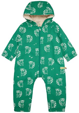Grüne Latzhose mit Kapuze, die weiße Waschbärmuster zeigt. Hergestellt aus weichem Material mit einem Reißverschluss vorne und elastischen Bündchen für eine gute Passform.